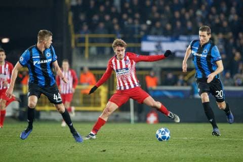 Club s Brandon Mechele, Atletico s Santiago Arias and Club s Hans Vanaken fight for the ball during a game between Belgian soccer team Club Brugge KV and Spanish club Athletico Madrid, in Brugge, Tuesday 11 December 2018, on the sixth and last day of the UEFA Champions League, in the group A. KURTxDESPLENTER  x05488225x