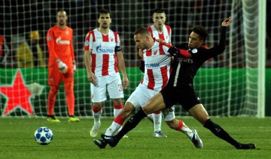 11.12.2018 Belgrade(Serbia) FK Crvena Zvezda(FC Red Star)-FC Paris Saint Germain PSG UEFA Champions League men s football Thilo Kehrer(R) FC Paris Saint Germain PSG, Veljko Simic(c)FK Crvena Zvezda(FC Red Star) : 