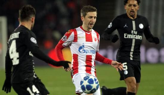 11.12.2018 Belgrade(Serbia) FK Crvena Zvezda(FC Red Star)-FC Paris Saint Germain PSG UEFA Champions League men s football Marquinhos(R) FC Paris Saint Germain PSG, Marko Marin(c)FK Crvena Zvezda(FC Red Star) : 