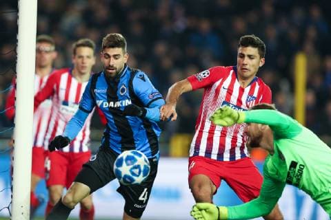 Club s Luan Peres, Atletico s Santiago Arias and Atletico s goalkeeper Jan Oblak fight for the ball during a game between Belgian soccer team Club Brugge KV and Spanish club Athletico Madrid, in Brugge, Tuesday 11 December 2018, on the sixth and last day of the UEFA Champions League, in the group A. BRUNOxFAHY  x05488239x