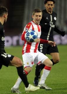 11.12.2018 Belgrade(Serbia) FK Crvena Zvezda(FC Red Star)-FC Paris Saint Germain PSG UEFA Champions League men s football Marquinhos(R) FC Paris Saint Germain PSG, Marko Marin(c)FK Crvena Zvezda(FC Red Star) : 