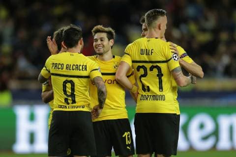v l Paco Alcacer Dortmund Raphael Guerreiro Dortmund and Marius Wolf Dortmund cheer after Raphael Guerreiro Dortmund scored the 0 2 goal at AS Monaco vs Borussia Dortmund Football Champions League 11 12 2018 AS Monaco vs Borussia Dortmund Football Champions League 11 12 2018 Monaco Copyright: xEIBNER MarioxHommesx EP_MHS
