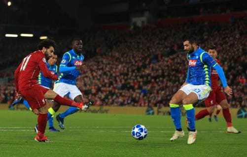 11th December 2018, Anfield, Liverpool, England; UEFA Champions League football, Liverpool versus Napoli; Mohamed Salah of Liverpool finds space in the penalty area to shoot at goal  ActionPlus12086859 DavidxBlunsden