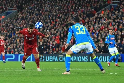 11th December 2018, Anfield, Liverpool, England; UEFA Champions League football, Liverpool versus Napoli; Roberto Firmino of Liverpool heads at goal but see his effort saved by David Ospina of Napoli  ActionPlus12086862 DavidxBlunsden
