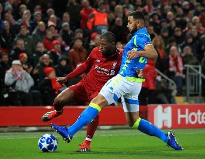 11th December 2018, Anfield, Liverpool, England; UEFA Champions League football, Liverpool versus Napoli; Faouzi Ghoulam of Napoli tackles Georginio Wijnaldum of Liverpool  ActionPlus12086865 DavidxBlunsden