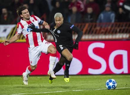 11th December 2018, Rajko Mitic Stadium, Belgrade, Serbia; UEFA Champions League football, Red Star Belgrade versus Paris Saint-Germain; Kylian Mbappe of Paris Saint-Germain beats Filip Stojkovic of Red Star Belgrade  ActionPlus12086879 NikolaxKrstic