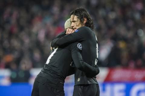 11th December 2018, Rajko Mitic Stadium, Belgrade, Serbia; UEFA Champions League football, Red Star Belgrade versus Paris Saint-Germain; Edinson Cavani of Paris Saint-Germain celebrates scoring his goal with Kylian Mbappe of Paris Saint-Germain in 10th minute for 0-1  ActionPlus12086886 NikolaxKrstic
