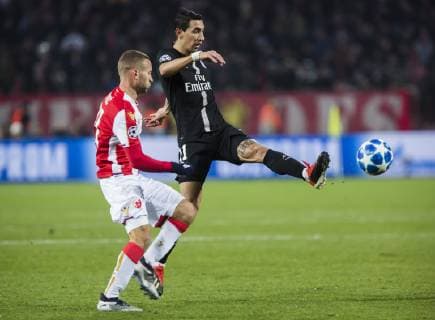 11th December 2018, Rajko Mitic Stadium, Belgrade, Serbia; UEFA Champions League football, Red Star Belgrade versus Paris Saint-Germain; Di Maria of PSG wins the high ball  ActionPlus12086887 NikolaxKrstic