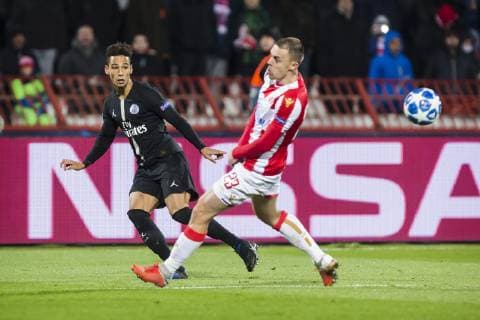 11th December 2018, Rajko Mitic Stadium, Belgrade, Serbia; UEFA Champions League football, Red Star Belgrade versus Paris Saint-Germain; Thilo Kehrer of Paris Saint-Germain crosses the ball  ActionPlus12086903 NikolaxKrstic