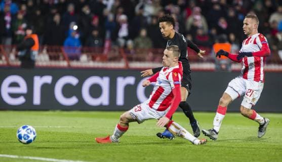 11th December 2018, Rajko Mitic Stadium, Belgrade, Serbia; UEFA Champions League football, Red Star Belgrade versus Paris Saint-Germain; Marquinhos of Paris Saint-Germain shoots and scores for 3-1 in the 74th minute  ActionPlus12086904 NikolaxKrstic