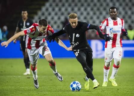 11th December 2018, Rajko Mitic Stadium, Belgrade, Serbia; UEFA Champions League football, Red Star Belgrade versus Paris Saint-Germain; Neymar of Paris Saint-Germain challenges Strahinja Erakovic of Red Star Belgrade  ActionPlus12086908 NikolaxKrstic