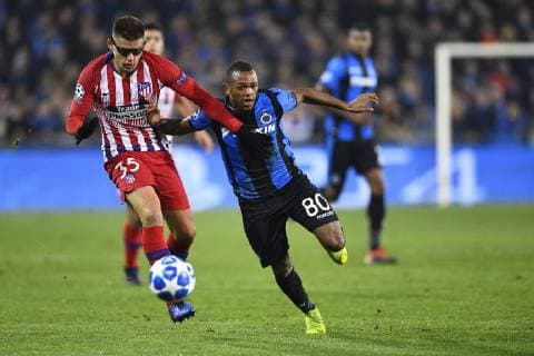 Lois Openda forward of Club Brugge, Atletico?s Francisco Montero FOOTBALL : Club Bruges vs Atletico Madrid - Ligue des Champions - 11 12 2018 PhotoNews Panoramic 