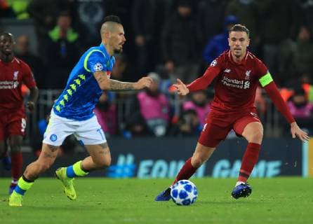 11th December 2018, Anfield, Liverpool, England; UEFA Champions League football, Liverpool versus Napoli; Marek Hamsik of Napoli takes on Jordan Henderson of Liverpool  ActionPlus12086938 DavidxBlunsden