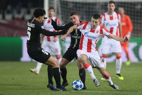 MARQUINHOS Markinjos and MARCO VERRATTI Marko Verati football PSG Paris Saint Germain during UEFA Champions League match against DUSAN JOVANCIC of Crvena zvezda at Rajko Mitic stadium, Belgrade 11.12.2018. MarkoxMetlas 