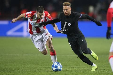 NEYMAR Neimar football PSG Paris Saint Germain during UEFA Champions League match against DUSAN JOVANCIC of Crvena zvezda at Rajko Mitic stadium, Belgrade 11.12.2018. MarkoxMetlas 