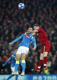Football - 2018 2019 UEFA Champions League - Group C: Liverpool vs. Napoli James Milner of Liverpool and Nikola Maksimovic of SSC Napoli at Anfield. COLORSPORT LYNNE CAMERON 
