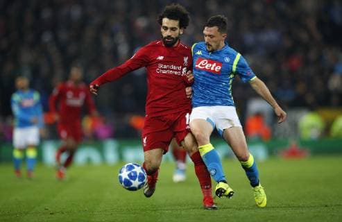 Football - 2018 2019 UEFA Champions League - Group C: Liverpool vs. Napoli Mohamed Salah of Liverpool and Fabian Ruiz of SSC Napoli at Anfield. COLORSPORT LYNNE CAMERON 