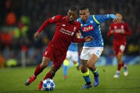 Football - 2018 2019 UEFA Champions League - Group C: Liverpool vs. Napoli Georginio Wijnaldum of Liverpool and Allan of SSC Napoli at Anfield. COLORSPORT LYNNE CAMERON 