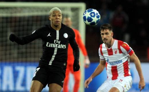 11.12.2018 Belgrade(Serbia) FK Crvena Zvezda(FC Red Star)-FC Paris Saint Germain PSG UEFA Champions League men s football Kyllian lMbappe(L) FC Paris Saint Germain PSG, Milos Degenek(r) FK Crvena Zvezda(FC Red Star) : 
