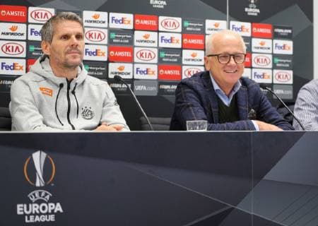 SOCCER - UEFA EL, Rapid vs Rangers VIENNA,AUSTRIA,12.DEC.18 - SOCCER - UEFA Europa League, group stage, SK Rapid Wien vs Glasgow Rangers, preview, press conference PK Pressekonferenz of Rapid. Image shows head coach Dietmar Kuehbauer (Rapid) and Andy Marek (Rapid). Keywords: Wien Energie. GEPAxpictures xChristianxOrt