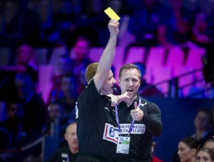 Sport Bilder des Tages Danmarks landstraener Klavs Bruun Joergensen faar gult kort under EM kampen mellem Danmark-Montenegro i Nantes, onsdag den 12 december 2018.. , Nantes Denmark  Copyright: Scanpix LiselottexSabroex COP103 spdk20181212-163829-L