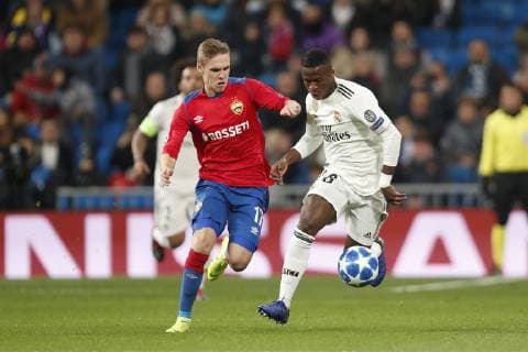 (L-R) Arnor Sigurdsson of CSKA Moscow, Vinicius Junior of Real Madrid during the UEFA Champions League group G match between Real Madrid and CSKA Moskva at the Santiago Bernabeu stadium on December 12, 2018 in Madrid, Spain UEFA Champions League 2018 2019 xVIxVIxImagesx xMauricexvanxSteenxIVx 13053480