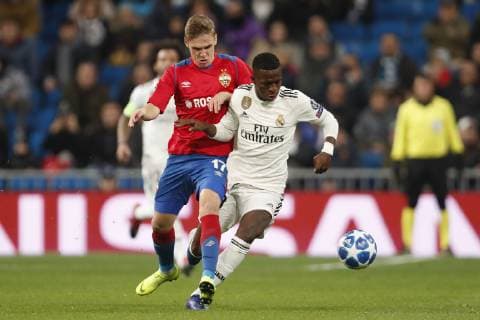 (L-R) Arnor Sigurdsson of CSKA Moscow, Vinicius Junior of Real Madrid during the UEFA Champions League group G match between Real Madrid and CSKA Moskva at the Santiago Bernabeu stadium on December 12, 2018 in Madrid, Spain UEFA Champions League 2018 2019 xVIxVIxImagesx xMauricexvanxSteenxIVx 13053481