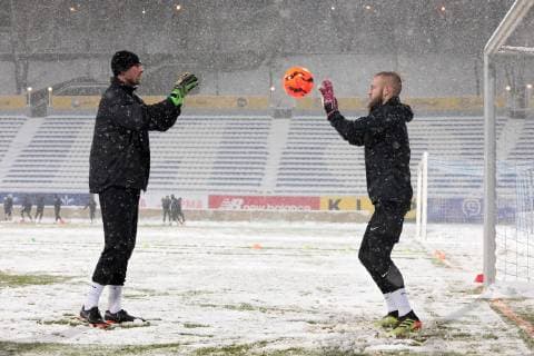 Players of FK Jablonec do exercises despite heavy snow during an open training session, Kyiv, capital of Ukraine, December 12, 2018. Ukrinform. Jablonec?s training session in Kyiv  Copyright: xHennadiixMinchenkox