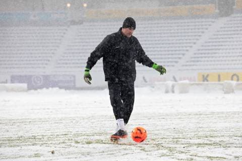 A player of FK Jablonec kicks the ball during an open training session as it is snowing heavily in Kyiv, capital of Ukraine, December 12, 2018. Ukrinform. Jablonec?s training session in Kyiv  Copyright: xHennadiixMinchenkox