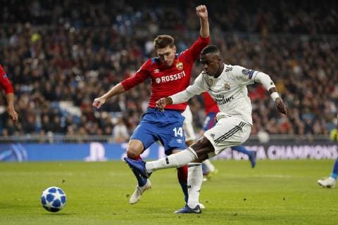(L-R) Kirill Nababkin of CSKA Moscow, Vinicius Junior of Real Madrid during the UEFA Champions League group G match between Real Madrid and CSKA Moskva at the Santiago Bernabeu stadium on December 12, 2018 in Madrid, Spain UEFA Champions League 2018 2019 xVIxVIxImagesx xMauricexvanxSteenxIVx 13053576