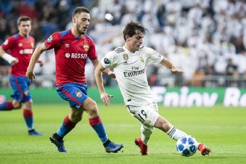 Real Madrid Alvaro Odriozola and PFC CSKA Moskva Fedor Chalov and Georgi Schennikov during UEFA Champions League match between Real Madrid and PFC CSKA Moskva at Santiago Bernabeu Stadium in Madrid, Spain. December 12, 2018.  (20181212001)