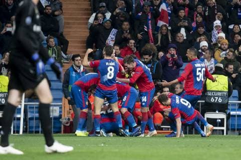PFC CSKA Moskva Georgi Schennikov, Nikola Vlasic and Fedor Chalov celebrating a goal during UEFA Champions League match between Real Madrid and PFC CSKA Moskva at Santiago Bernabeu Stadium in Madrid, Spain. December 12, 2018.  (6237030)