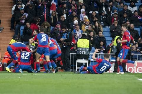 PFC CSKA Moskva Georgi Schennikov, Nikola Vlasic and Fedor Chalov celebrating a goal during UEFA Champions League match between Real Madrid and PFC CSKA Moskva at Santiago Bernabeu Stadium in Madrid, Spain. December 12, 2018.  (6232029)
