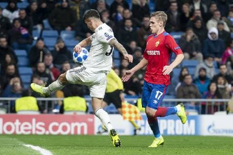 Real Madrid Javier Sanchez and PFC CSKA Moskva Arnor Sigurdsson during UEFA Champions League match between Real Madrid and PFC CSKA Moskva at Santiago Bernabeu Stadium in Madrid, Spain. December 12, 2018.  (6261033)