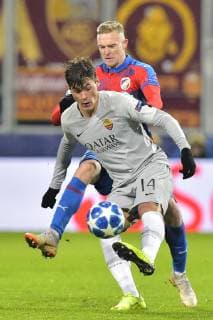 PATRIK SCHICK of Roma and ROMAN PROCHAZKA of Viktoria (back) in action during the Football Champions League 6th round match: Viktoria Plzen vs AS Roma in Pilsen, Czech Republic, December 12, 2018. (CTKxPhoto MiroslavxChaloupka) CTKPhotoP201812121048001  cha05