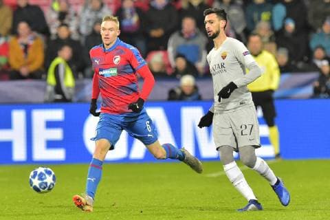 ROMAN PROCHAZKA of Viktora and JAVIER PASTORE of Roma in action during the Football Champions League 6th round match: Viktoria Plzen vs AS Roma in Pilsen, Czech Republic, December 12, 2018. (CTKxPhoto MiroslavxChaloupka) CTKPhotoP201812121049201  cha03