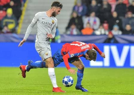 From left BRYAN CRISTANTE of Rome and PATRIK HROSOVSKY of Viktoria in action during the Football Champions League 6th round match: Viktoria Plzen vs AS Roma in Pilsen, Czech Republic, December 12, 2018. (CTKxPhoto MiroslavxChaloupka) CTKPhotoP201812121049701  cha06