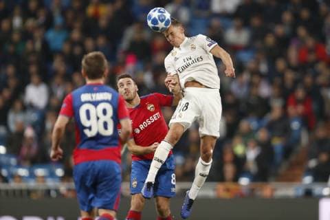 (L-R) Ivan Oblyakov of CSKA Moscow, Nikola Vlasic of CSKA Moscow, Marcos Llorente of Real Madrid during the UEFA Champions League group G match between Real Madrid and CSKA Moskva at the Santiago Bernabeu stadium on December 12, 2018 in Madrid, Spain UEFA Champions League 2018 2019 xVIxVIxImagesx xMauricexvanxSteenxIVx 13053751