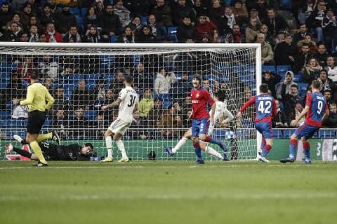12th December 2018, Santiago Bernabeu, Madrid, Spain; UEFA Champions League football, Real Madrid versus CSKA Moscow; Georgi Akinfeev (CSK) scores to make it 0-2  ActionPlus12087188 ShotxforxPress