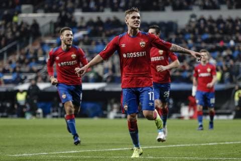 12th December 2018, Santiago Bernabeu, Madrid, Spain; UEFA Champions League football, Real Madrid versus CSKA Moscow; Arnor Sigurdsson (CSK) celebrates his goal which made it 0-3  ActionPlus12087199 ShotxforxPress