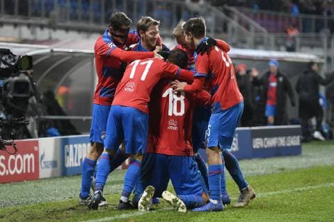Tomas Chory of Viktoria celebrates a goal during the Football Champions League 6th round match: Viktoria Plzen vs AS Roma in Pilsen, Czech Republic, December 12, 2018. (CTKxPhoto MichalxKamaryt) CTKPhotoP201812121081901  _KMT5021
