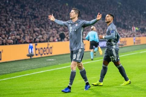12 12 2018 xkvx Football UEFA Champions League Ajax Amsterdam FC Bayern Muenchen emspor v l Goal celebration celebrate the goal to 0 1 by Robert Lewandowski FCB FC Bayern Muenchen DFL DFB REGULATIONS PROHIBIT ANY USE OF PHOTOGRAPHS as IMAGE SEQUENCES and or QUASI VIDEO Amsterdam