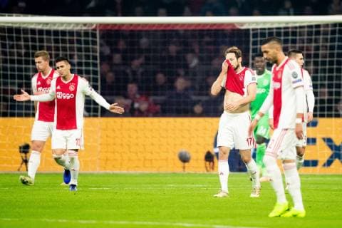 Dusan Tadic of Ajax, Daley Blind of Ajax, Hakim Ziyech of Ajax during the UEFA Champions League group E match between Ajax Amsterdam and Bayern Munich at the Johan Cruijff Arena on December 12, 2018 in Amsterdam, The Netherlands UEFA Champions League 2018 2019 xVIxVIxImagesx xTomxBodexMultimediaxIVx 13054356