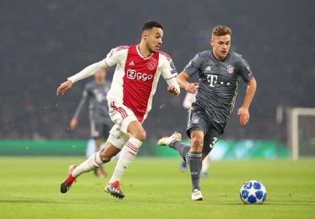 12 12 2018 Football UEFA Champions League 2018 2019 Group stage 6 Matchday Ajax Amsterdam FC Bayern Munich at Johan Cruijff Arena Amsterdam L R Noussair Mazraoui Ajax Amsterdam vs. Joshua Kimmich Bayern Munich DFL and DFB regulations prohibit any use of photographs as image sequences and or quasi video