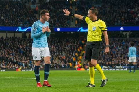 Manchester City v TSG 1899 Hoffenheim UEFA Champions League Aymeric Laporte of Manchester City appeals with referee Andreas Ekberg after he awards a penalty kick during the UEFA Champions League match at the Etihad Stadium, Manchester Content Not Available For UK Newspapers Copyright: xMattxWilkinsonx FIL-12681-0015