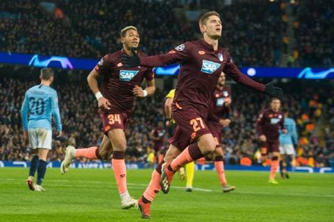 Manchester City v TSG 1899 Hoffenheim UEFA Champions League Andrej Kramaric of TSG celebrates after scoring a penalty kick for his sides first goal during the UEFA Champions League match at the Etihad Stadium, Manchester Content Not Available For UK Newspapers Copyright: xMattxWilkinsonx FIL-12681-0019