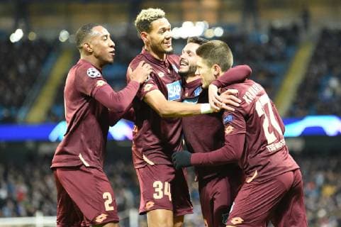 12 12 2018 xmeix Soccer UEFA Champions League Manchester City FC TSG 1899 Hoffenheim emspor v l Jubel zum 0 1 for Hoffenheim by Andrej Kramaric TSG 1899 Hoffenheim with Joelinton TSG 1899 Hoffenheim with Leonardo Bittencourt TSG 1899 Hoffenheim Joshua Brenet TSG 1899 Hoffenheim DFL DFB REGULATIONS PROHIBIT ANY USE OF PHOTOGRAPHS as IMAGE SEQUENCES and or QUASI VIDEO Manchester prio:1