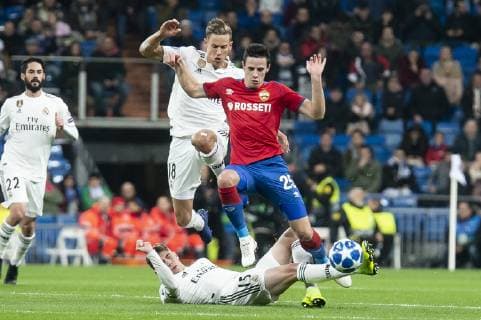December 12, 2018 - Madrid, Spain - Real Madrid Marcos Llorente and Federico Valverde and PFC CSKA Moskva Kristijan Bistrovic during UEFA Champions League match between Real Madrid and PFC CSKA Moskva at Santiago Bernabeu Stadium in Madrid, Spain. December 12, 2018. Real Madrid v CSKA Moscow - UEFA Champions League Group G  - ZUMAn230 20181212_zaa_n230_165 Copyright: xPeterxSabokx