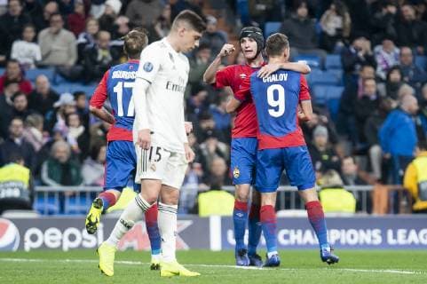 December 12, 2018 - Madrid, Spain - Real Madrid Federico Valverde and PFC CSKA Moskva Arnor Sigurdsson, Mario Fernandes and Fedor Chalov celebrating a goal during UEFA Champions League match between Real Madrid and PFC CSKA Moskva at Santiago Bernabeu Stadium in Madrid, Spain. December 12, 2018. Real Madrid v CSKA Moscow - UEFA Champions League Group G  - ZUMAn230 20181212_zaa_n230_171 Copyright: xPeterxSabokx
