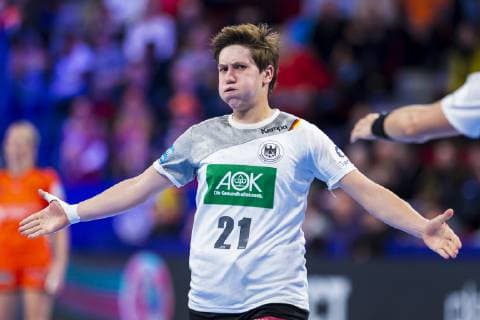 Handball Women European Championship Netherlands Germany Main Round Group 2 3 Matchday at the Palais des Sports Ina Grossmann Germany Thueringer HC Jubel Freude Emotion Torjubel Torschuetze Torschütze Nancy Palais des Sports Jean Weille France